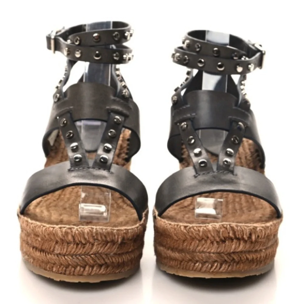 GUC Jimmy Choo Raffia Calfskin Stud Danica 80mm Wedge Sandals. Size 37 1/2